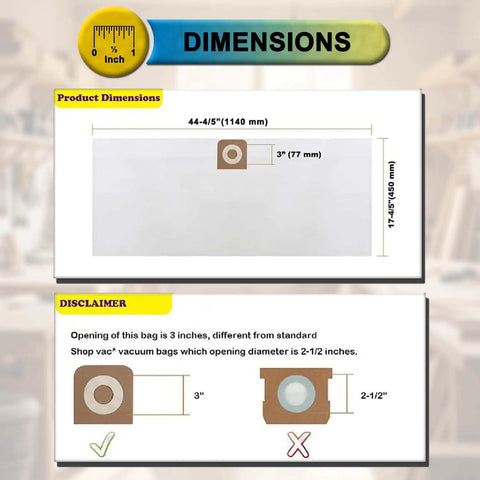 Dimensions chart for Six Pack Vacuum Bags Replacement For 16 To 20 Gallon Shop Vacuums Heavy Duty Dust Bags That Fit Craftsman Wet Dry Vacs