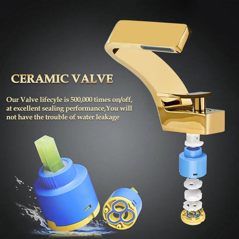 Single Hole Bathroom Sink Faucet With Single Handle Hot And Cold Water Mixer Tap For Lavatory Vanity Durable Brass Body With Chrome Finish Gold Tone, showing ceramic valve details