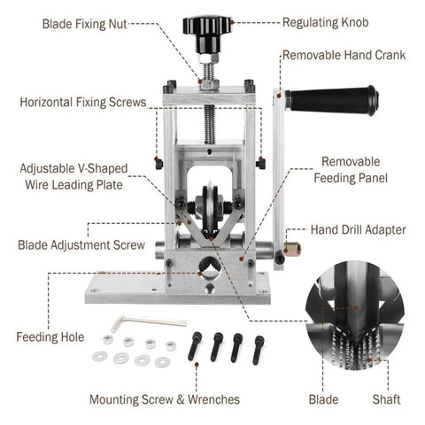 Electric Wire Stripping Machine For Copper Cable Recycling components, featuring adjustable blade, removable feeding panel, and hand crank.