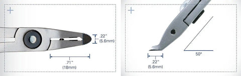 Close-up of Angulated 50 Degree Head Flush Cutters with Pro Grade Bearing Ring Design, measurement details visible