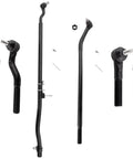 Front Inner And Outer Tie Rod Ends And Drag Links Steering Kit For Jeep Wrangler 2007 Through 2018 JK Models Includes Upper And Lower Outer Tie Rods For Beefed Up Reliable Steering Heavy Duty Parts Easy Install Off Road Ready. Black steel Jeep JK steering kit parts with hardware on white background