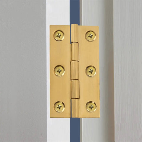 Two Pack Brass Door Hinges 1 To 3 Inch For Cabinets Drawers And Wooden Boxes, Easy Install Butt Hinge in use on a door.