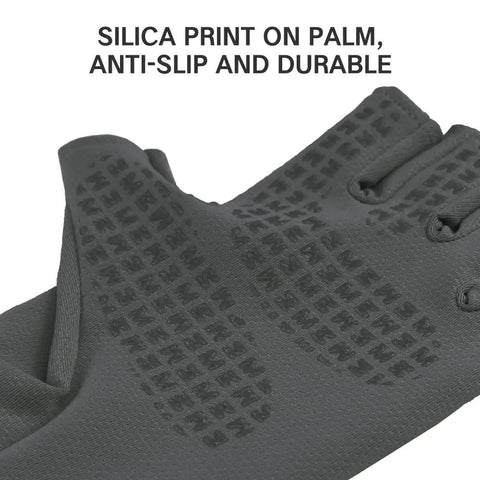 Close up of Men's Breathable Summer UV Protective Fingerless Gloves UPF 50 Plus, charcoal, showing anti-slip silica print, size large.