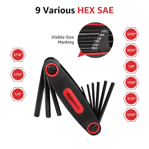 Folding Hex Key Set With Metric, SAE And Torx Sizes, Chrome Vanadium Steel, 3 Pack, showing 9 SAE sizes with visible markings