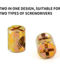 Top Shelf M6 Barrel Nuts And Slotted Cross Dowel Screws With 4 Pack Spring Loaded Replacement Hardware For Furniture Bed Crib And Chair Fixings Straight Up Solid Performance No Sweat Assembly Gold Finish, showing two-in-one design.