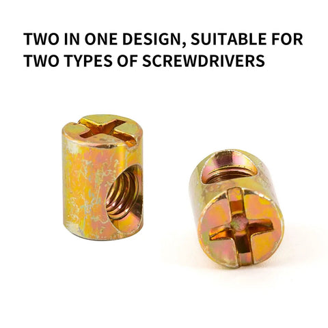 Top Shelf M6 Barrel Nuts And Slotted Cross Dowel Screws With 4 Pack Spring Loaded Replacement Hardware For Furniture Bed Crib And Chair Fixings Straight Up Solid Performance No Sweat Assembly Gold Finish, showing two-in-one design.