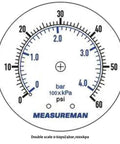 Front view of MEASUREMAN pressure gauge dial showing 0-60 psi and 0-4 bar scales with MEASUREMAN branding