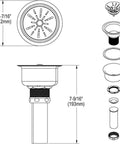Technical diagram of Deluxe 3-1/2 Inch Sink Drain with Durable Type 304 Stainless Steel Body, Strainer Basket, and 1-1/2 Inch Tailpiece.