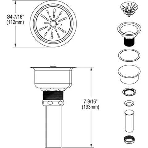 Technical diagram of Deluxe 3-1/2 Inch Sink Drain with Durable Type 304 Stainless Steel Body, Strainer Basket, and 1-1/2 Inch Tailpiece.