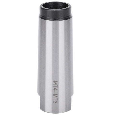 Front view of MT4-MT3 Morse taper drill sleeve reducing adapter, high-speed steel, silver with black top