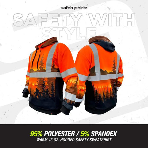 Wildland Sasquatch Hi Vis Hoodie For Men With Heavy Duty Polyester And Soft Combed Fleece Interior, Class 3 Type R ANSI ISEA 107-2015 Orange XX-Large, featuring SS360 reflective stripes and double needle stitching displayed front and back
