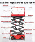 Heavy Duty Walk Behind Scissor Lift Hydraulic Aerial Work Platform Handles Loads Up To Eleven Hundred Pounds with guardrails and hydraulic system.
