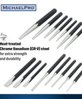 Heavy Duty Punch and Chisel Kit, 16-Piece Set With Center Punches, Pin Punches, Starter Punch, Chisels, Gauge and Tool Storage Pouch