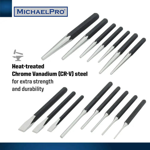 Heavy Duty Punch and Chisel Kit, 16-Piece Set With Center Punches, Pin Punches, Starter Punch, Chisels, Gauge and Tool Storage Pouch