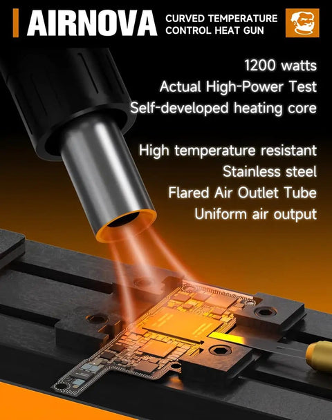 Beastly 1200W Smart Hot Air Rework Station nozzle aimed at PCB, demonstrating precise heat for desoldering, curved temp control visible.