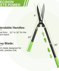 Heavy Duty Telescoping Hedge Shears 23 To 30 Inches With 20 Degree Angled Head shown extended with wavy blades