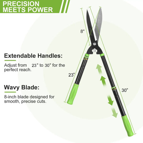 Heavy Duty Telescoping Hedge Shears 23 To 30 Inches With 20 Degree Angled Head shown extended with wavy blades