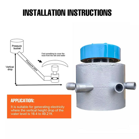 Diagram and image of 3KW Micro Hydropower Generator 110-230V Wide Voltage Portable Water Turbine for installation instructions.