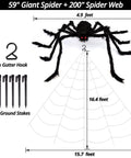Massive 200 Inch Halloween Spider Web Plus 59 Inch Giant Fake Spider Epic Yard Haunt Decor Set displayed with dimensions.