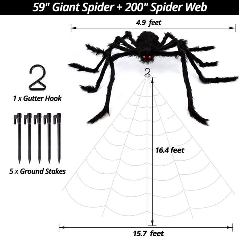 Massive 200 Inch Halloween Spider Web Plus 59 Inch Giant Fake Spider Epic Yard Haunt Decor Set displayed with dimensions.
