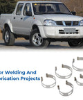 Stainless Steel Exhaust Pipe Tacking Band Set for Tig Welding Fabrication Clamp On Five Piece Kit displayed under a truck.