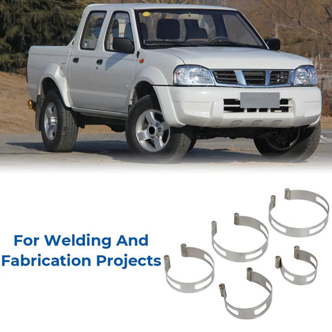 Stainless Steel Exhaust Pipe Tacking Band Set for Tig Welding Fabrication Clamp On Five Piece Kit displayed under a truck.