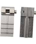 Thinking Process: 2 stainless steel key fixture clamps, 16.9x54.1mm, shown front and side for locksmith cutting