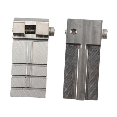 Thinking Process: 2 stainless steel key fixture clamps, 16.9x54.1mm, shown front and side for locksmith cutting