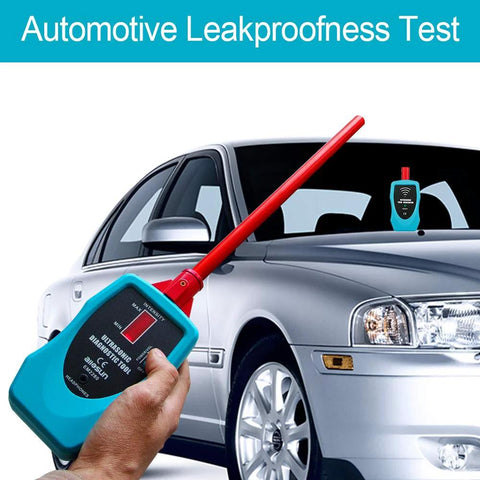 Allsun ultrasonic leak detector; turquoise handheld with red probe and two teal devices for automotive leak detection.