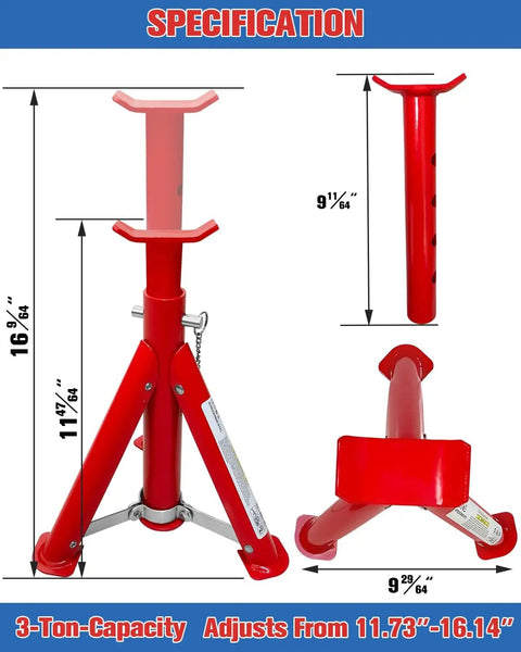 3 Ton Foldable Jack Stands For Trucks And SUVs With Adjustable Height 11.42 To 16.06 Inches Safety Pin Built Tough Steel Red Ideal