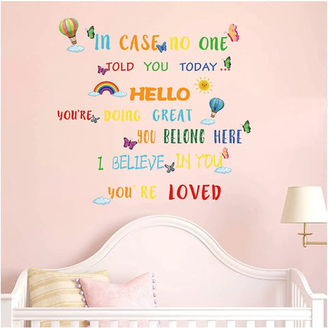 Colorful Inspirational Quote Wall Decal Set For Classroom And Nursery featuring phrases and watercolor hot air balloon, sun, rainbow patterns