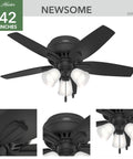 42 Inch Indoor Ceiling Fan With LED Light Kit, Matte Black, 5 Blade, Low Profile Flush Mount, Pull Chain, No Remote, Ideal For Bedroom Or Living Room, Energy Efficient Lighting