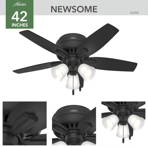 42 Inch Indoor Ceiling Fan With LED Light Kit, Matte Black, 5 Blade, Low Profile Flush Mount, Pull Chain, No Remote, Ideal For Bedroom Or Living Room, Energy Efficient Lighting