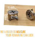 Top Notch Cam Lock Replacements With Flat Tops, 15 X 12mm Dimensions, 10 Piece Kit For Instant Cabinet And Dresser Drawer Fixes showing flat top metal cam locks.