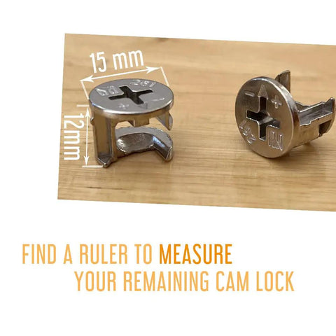 Top Notch Cam Lock Replacements With Flat Tops, 15 X 12mm Dimensions, 10 Piece Kit For Instant Cabinet And Dresser Drawer Fixes showing flat top metal cam locks.