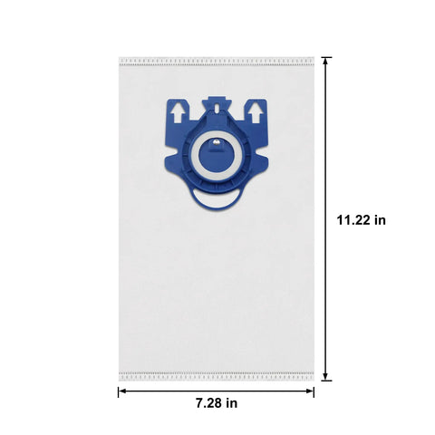 Close-up of a 12 Pack 3D AirClean Vacuum Bag measuring 11.22 x 7.28 inches, fits GN Style Canister Vacuums with blue attachment.
