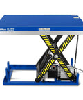 Heavy Duty Wireless Remote Control Electric Hydraulic Lift Table With 2200 Lb Capacity and massive blue platform for warehouses.