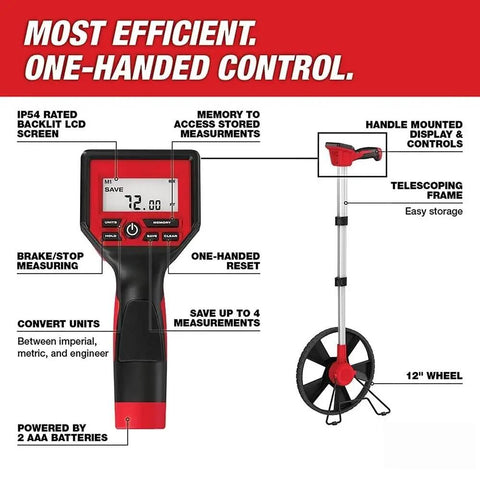 New 48-22-5112 for Milwaukee 12 In. Digital Measuring Wheel Red/Black showing handle and controls with LCD display and 12" wheel.