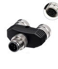 M12 5 Pin Male To 2x M12 5 Pin Female Y Type Circular Connector 12mm sensor power supply IP67 waterproof, close-up view