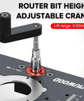 Top Shelf Heavy Duty Aluminum Router Lift System With Slick Micro Fine Adjustment Plates For One Sixty Fourth Inch Precision Control On Any Woodworking Table Setup. Adjustable crank for router bit height.
