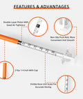 100 Count U-100 0.3ml Lab Syringes Set, 31G 1/4 Inch Disposable, Individually Wrapped, Readable Graduations, Smooth Fit, Easy Fill For Accurate Dosing In Lab Work. Close-up of 0.3 ml lab syringe with cap and graduations.