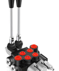 Beefy Hydraulic Flow Control Valve With Two Spools, 11 GPM, G Port Inlets, shown with lever handles and parallel center, 3600 PSI.