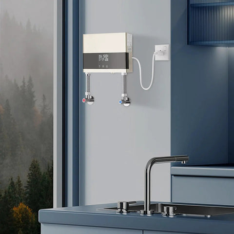 Slick 4000W Tankless Mini Electric Water Heater Featuring Constant Temperature Technology And Convenient Wireless Remote Control Plus Badass Abs Design For Quick Daily Use mounted under a kitchen sink.