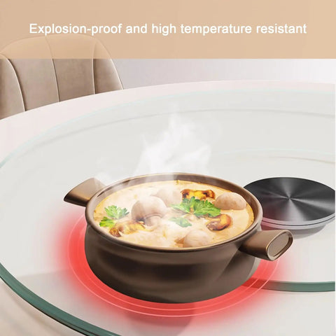 Round Tempered Glass Spin Turntable For Dining Tables With Durable Aluminum Bearing showcasing hot soup on table