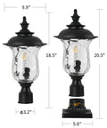 Outdoor Post Light With E26 Socket, 3-Inch Pier Mount, Waterproof Black Lantern With Water Glass Shade For Patio Garden Porch And Backyard, Vintage Retro Exterior Lantern Delivers Warm Welcome Light For Pathway, shown in two sizes with dimensions.