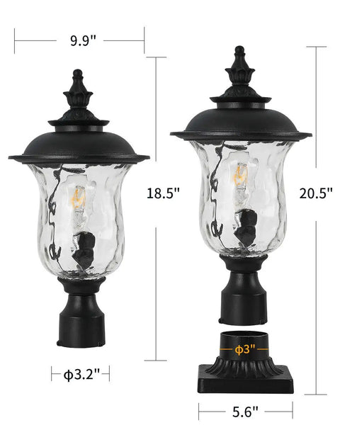 Outdoor Post Light With E26 Socket, 3-Inch Pier Mount, Waterproof Black Lantern With Water Glass Shade For Patio Garden Porch And Backyard, Vintage Retro Exterior Lantern Delivers Warm Welcome Light For Pathway, shown in two sizes with dimensions.