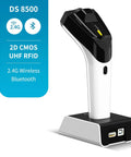 Wireless Hybrid RFID And 2D Barcode Scanner With UHF RFID Reader Bluetooth Scan, handheld device on charging stand