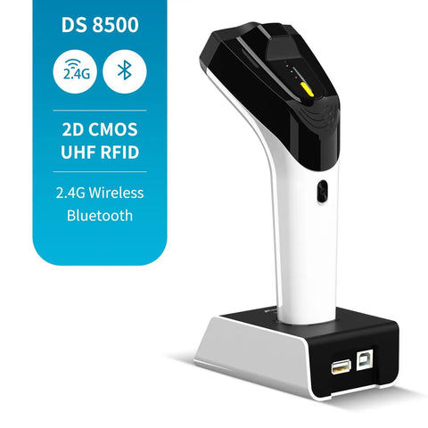 Wireless Hybrid RFID And 2D Barcode Scanner With UHF RFID Reader Bluetooth Scan, handheld device on charging stand