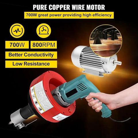 Heavy Duty Electric Drain Auger Sewer Snake With 26 Foot Spring Steel Cable, showcasing 700W copper motor and ergonomic design.