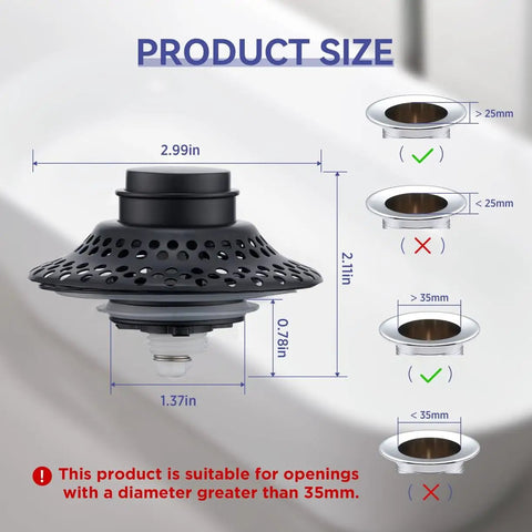2 Pack Tub Drain Stopper With Removable Hair Catcher, Pop Up Shower Plug Fits 1.38 To 1.8 Inch Holes, Stainless Steel Filter stops blockages with size measurements.